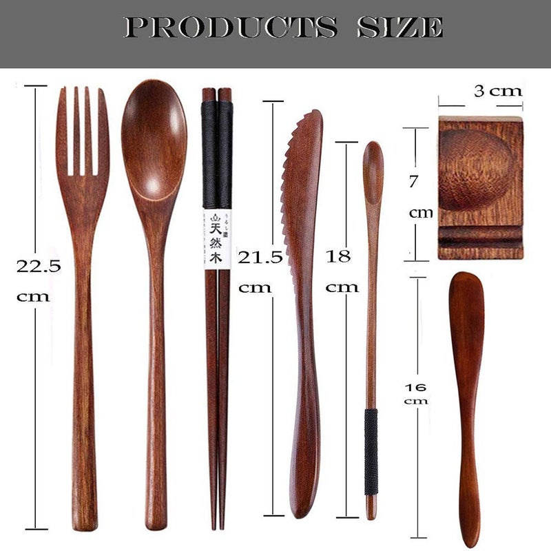 Busnos bamboo Utensils for Eating Reusable wooden travel flatware set with Case 9 Pcs durable wooden cutlery wooden spoons forks and chopsticks Wood Flatware Set with Knife Fork Spoon Chopsticks Straw - Image 4
